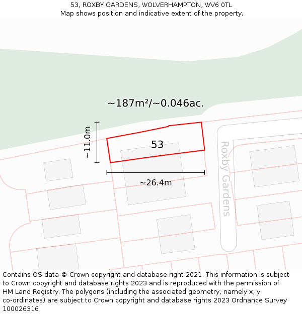 53, ROXBY GARDENS, WOLVERHAMPTON, WV6 0TL: Plot and title map