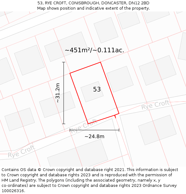 53, RYE CROFT, CONISBROUGH, DONCASTER, DN12 2BD: Plot and title map
