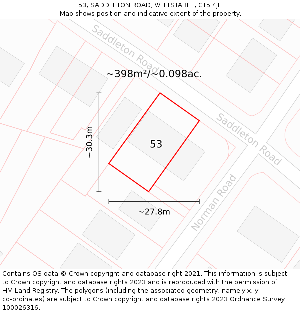 53, SADDLETON ROAD, WHITSTABLE, CT5 4JH: Plot and title map