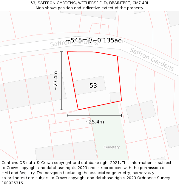 53, SAFFRON GARDENS, WETHERSFIELD, BRAINTREE, CM7 4BL: Plot and title map