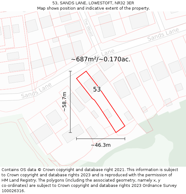 53, SANDS LANE, LOWESTOFT, NR32 3ER: Plot and title map