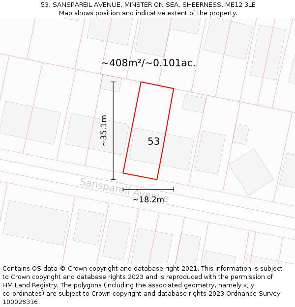 53, SANSPAREIL AVENUE, MINSTER ON SEA, SHEERNESS, ME12 3LE: Plot and title map