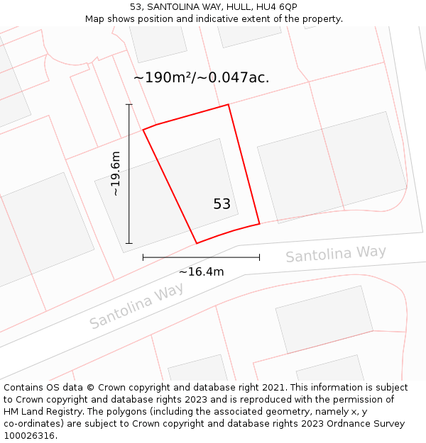 53, SANTOLINA WAY, HULL, HU4 6QP: Plot and title map