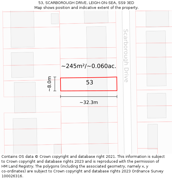53, SCARBOROUGH DRIVE, LEIGH-ON-SEA, SS9 3ED: Plot and title map