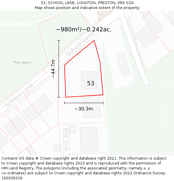 53, SCHOOL LANE, LONGTON, PRESTON, PR4 5ZA: Plot and title map