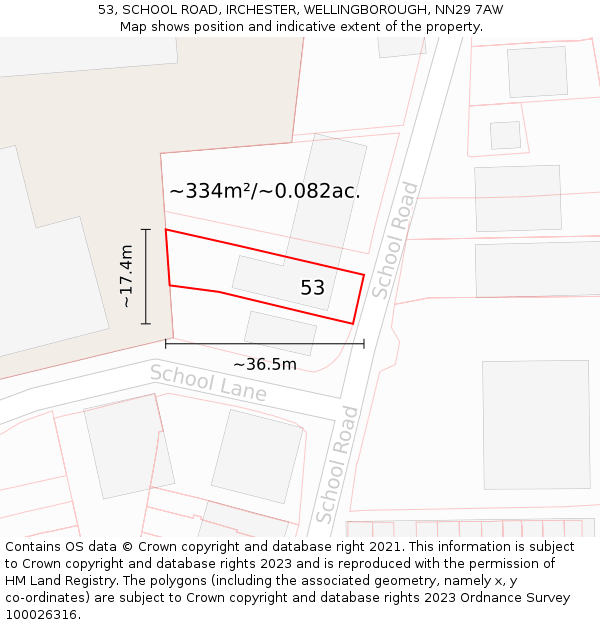 53, SCHOOL ROAD, IRCHESTER, WELLINGBOROUGH, NN29 7AW: Plot and title map