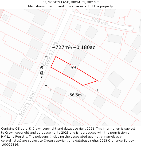 53, SCOTTS LANE, BROMLEY, BR2 0LT: Plot and title map