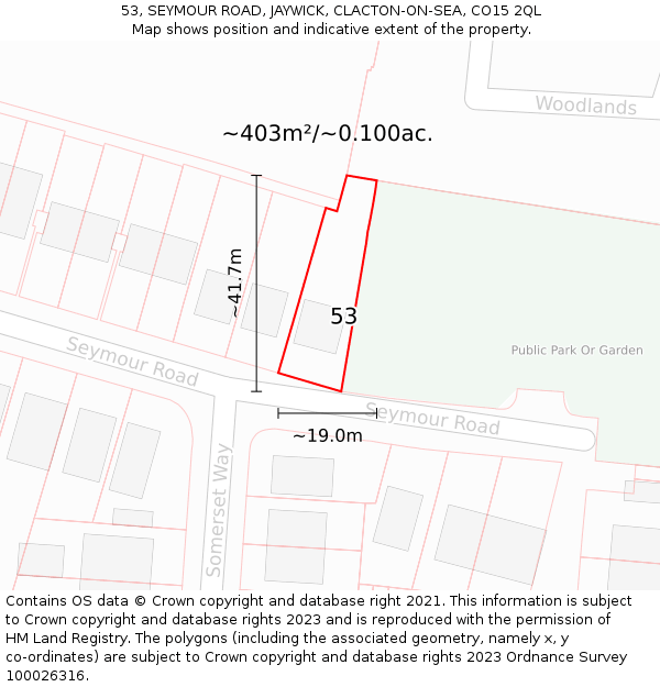 53, SEYMOUR ROAD, JAYWICK, CLACTON-ON-SEA, CO15 2QL: Plot and title map