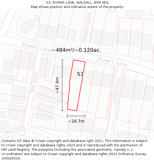 53, SHAWS LANE, WALSALL, WS6 6EQ: Plot and title map