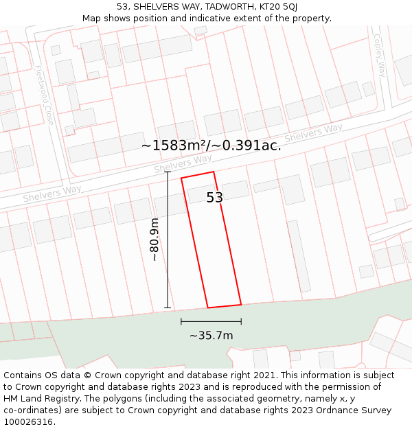 53, SHELVERS WAY, TADWORTH, KT20 5QJ: Plot and title map