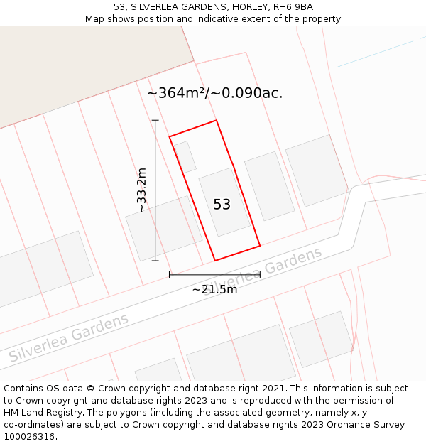 53, SILVERLEA GARDENS, HORLEY, RH6 9BA: Plot and title map