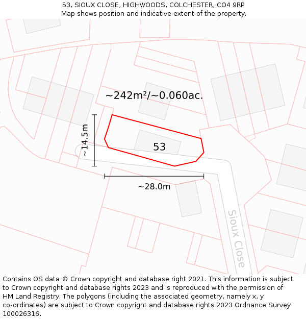 53, SIOUX CLOSE, HIGHWOODS, COLCHESTER, CO4 9RP: Plot and title map