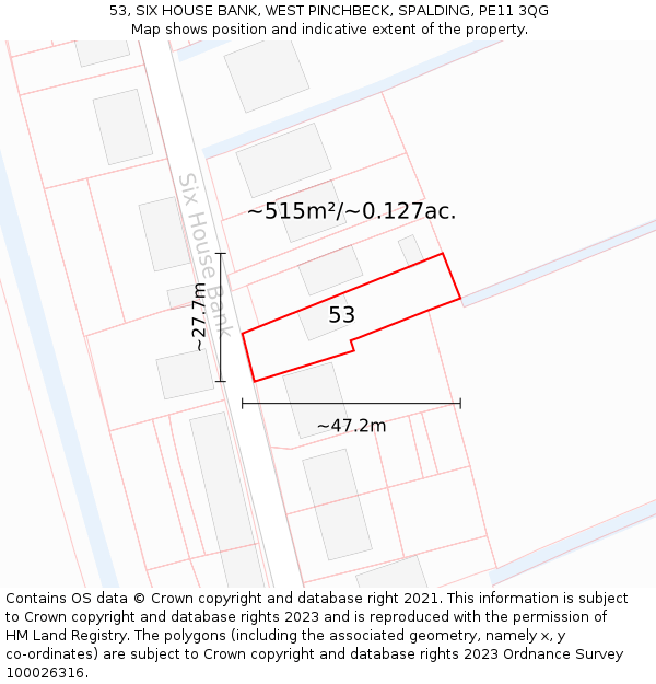 53, SIX HOUSE BANK, WEST PINCHBECK, SPALDING, PE11 3QG: Plot and title map