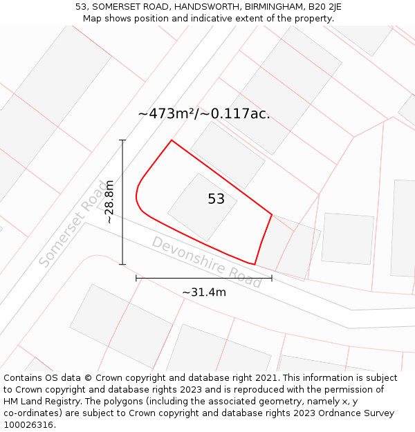 53, SOMERSET ROAD, HANDSWORTH, BIRMINGHAM, B20 2JE: Plot and title map