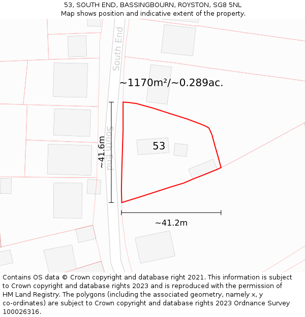 53, SOUTH END, BASSINGBOURN, ROYSTON, SG8 5NL: Plot and title map