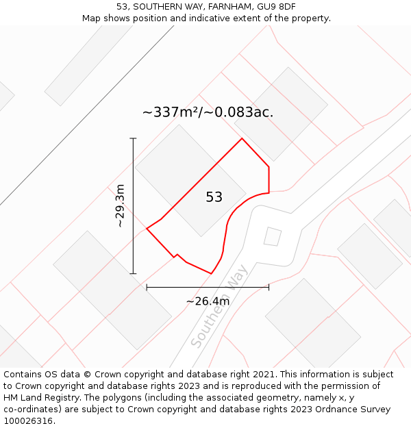 53, SOUTHERN WAY, FARNHAM, GU9 8DF: Plot and title map
