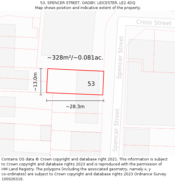 53, SPENCER STREET, OADBY, LEICESTER, LE2 4DQ: Plot and title map
