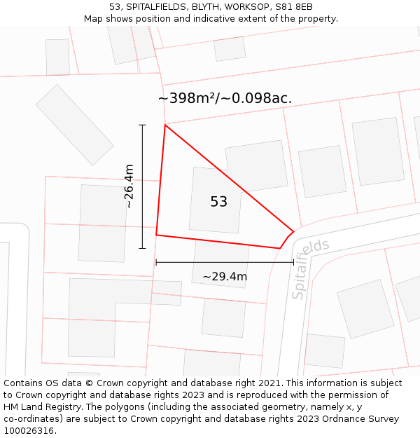 53, SPITALFIELDS, BLYTH, WORKSOP, S81 8EB: Plot and title map