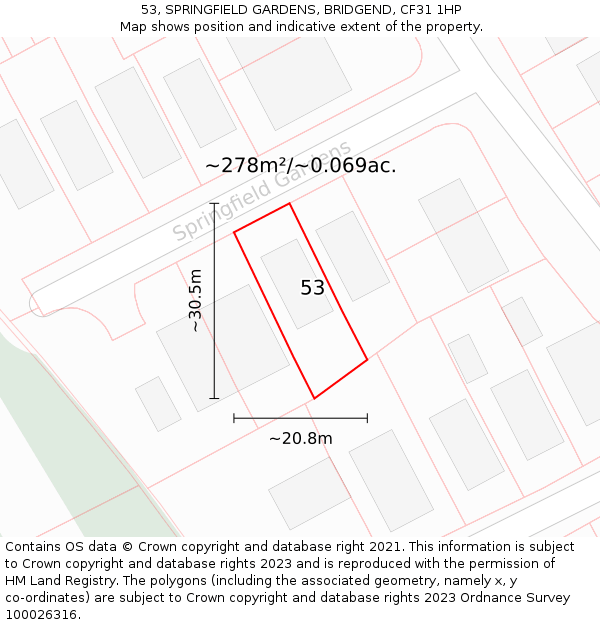 53, SPRINGFIELD GARDENS, BRIDGEND, CF31 1HP: Plot and title map