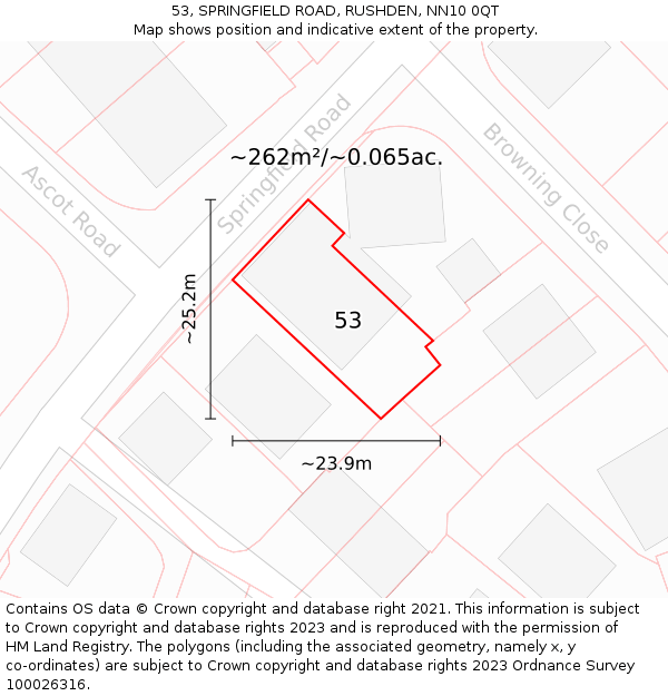 53, SPRINGFIELD ROAD, RUSHDEN, NN10 0QT: Plot and title map