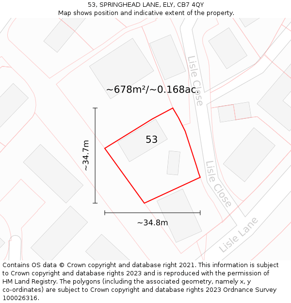 53, SPRINGHEAD LANE, ELY, CB7 4QY: Plot and title map