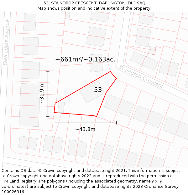 53, STAINDROP CRESCENT, DARLINGTON, DL3 9AQ: Plot and title map