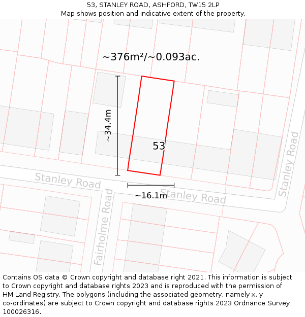 53, STANLEY ROAD, ASHFORD, TW15 2LP: Plot and title map