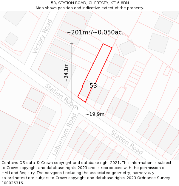 53, STATION ROAD, CHERTSEY, KT16 8BN: Plot and title map