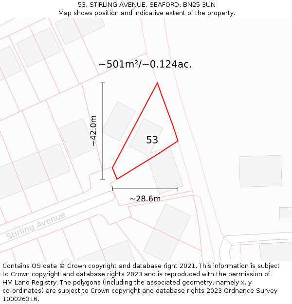 53, STIRLING AVENUE, SEAFORD, BN25 3UN: Plot and title map
