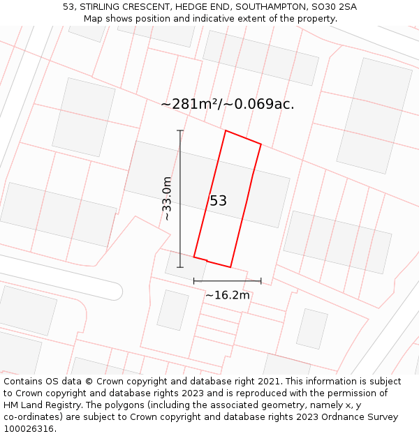 53, STIRLING CRESCENT, HEDGE END, SOUTHAMPTON, SO30 2SA: Plot and title map