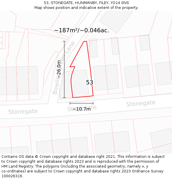 53, STONEGATE, HUNMANBY, FILEY, YO14 0NS: Plot and title map
