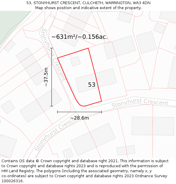 53, STONYHURST CRESCENT, CULCHETH, WARRINGTON, WA3 4DN: Plot and title map