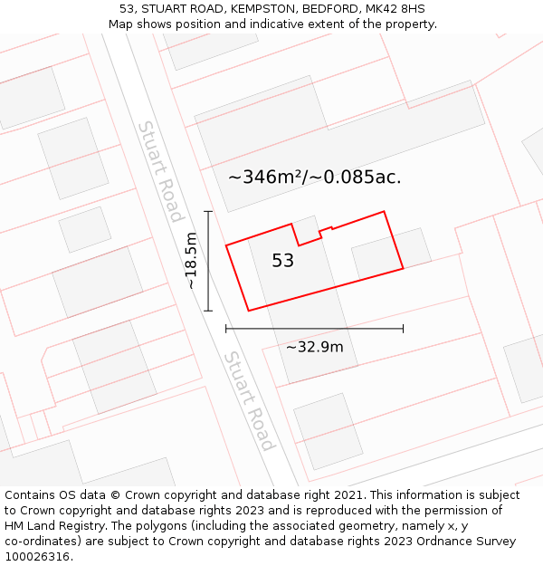 53, STUART ROAD, KEMPSTON, BEDFORD, MK42 8HS: Plot and title map
