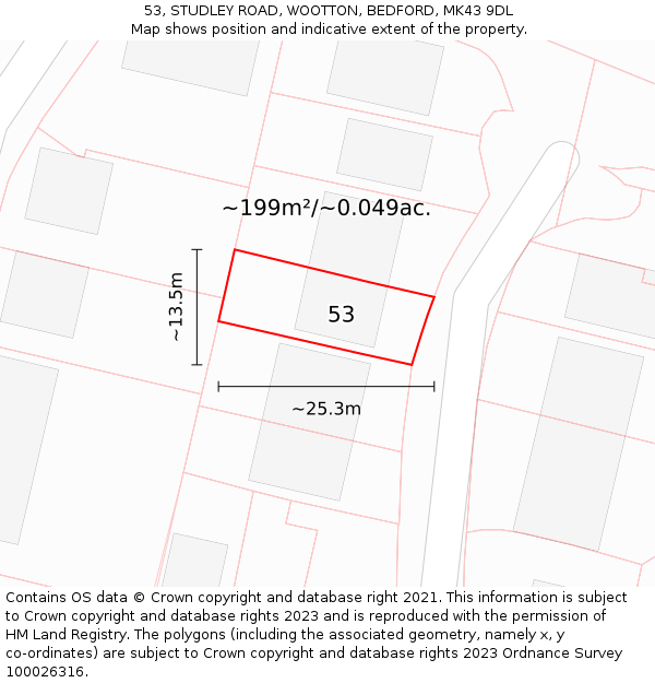 53, STUDLEY ROAD, WOOTTON, BEDFORD, MK43 9DL: Plot and title map