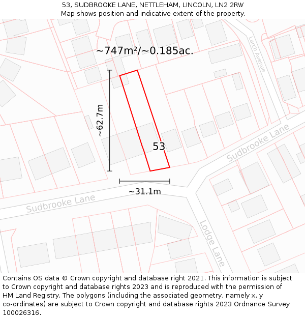 53, SUDBROOKE LANE, NETTLEHAM, LINCOLN, LN2 2RW: Plot and title map