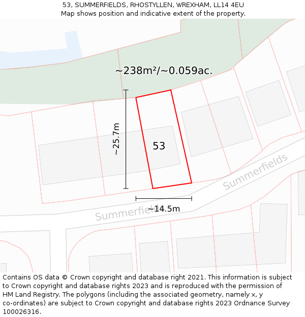 53, SUMMERFIELDS, RHOSTYLLEN, WREXHAM, LL14 4EU: Plot and title map