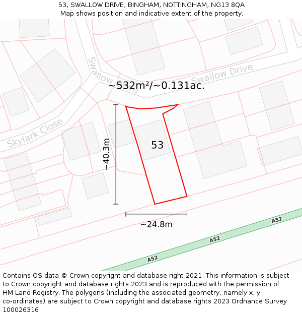 53, SWALLOW DRIVE, BINGHAM, NOTTINGHAM, NG13 8QA: Plot and title map