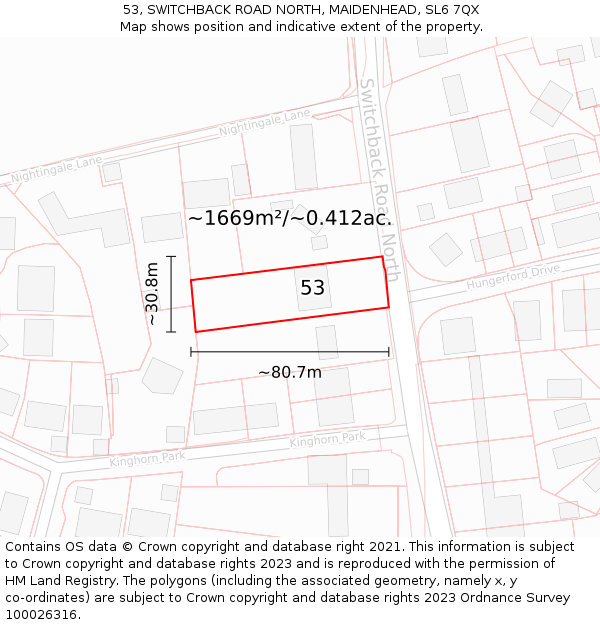 53, SWITCHBACK ROAD NORTH, MAIDENHEAD, SL6 7QX: Plot and title map