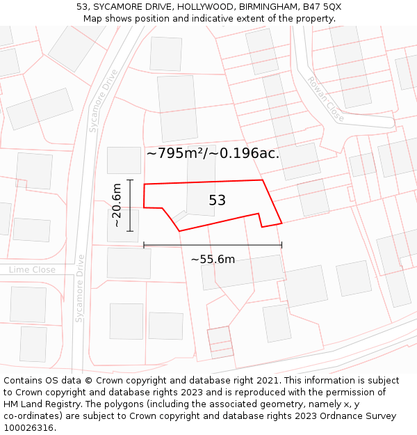 53, SYCAMORE DRIVE, HOLLYWOOD, BIRMINGHAM, B47 5QX: Plot and title map