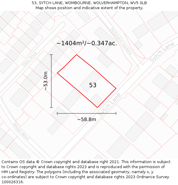 53, SYTCH LANE, WOMBOURNE, WOLVERHAMPTON, WV5 0LB: Plot and title map