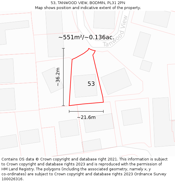 53, TANWOOD VIEW, BODMIN, PL31 2PN: Plot and title map
