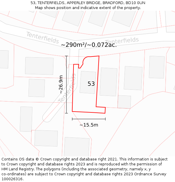 53, TENTERFIELDS, APPERLEY BRIDGE, BRADFORD, BD10 0UN: Plot and title map
