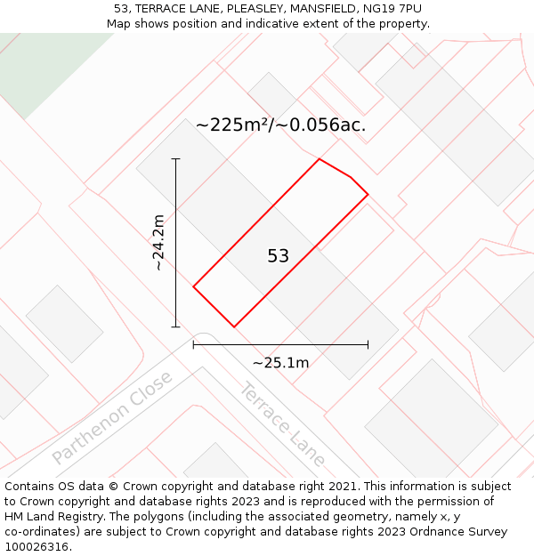 53, TERRACE LANE, PLEASLEY, MANSFIELD, NG19 7PU: Plot and title map