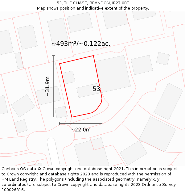 53, THE CHASE, BRANDON, IP27 0RT: Plot and title map