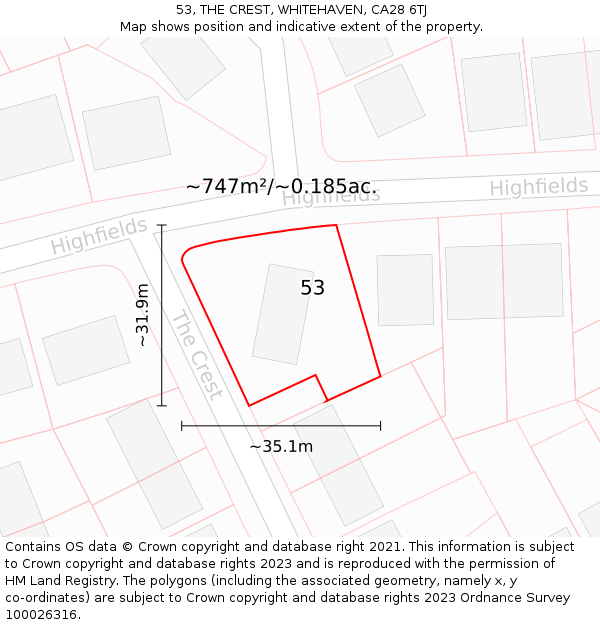 53, THE CREST, WHITEHAVEN, CA28 6TJ: Plot and title map