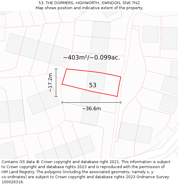 53, THE DORMERS, HIGHWORTH, SWINDON, SN6 7NZ: Plot and title map