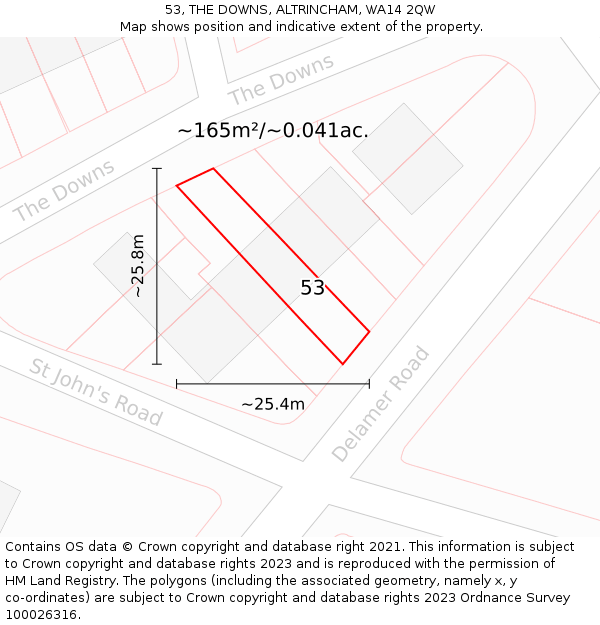 53, THE DOWNS, ALTRINCHAM, WA14 2QW: Plot and title map
