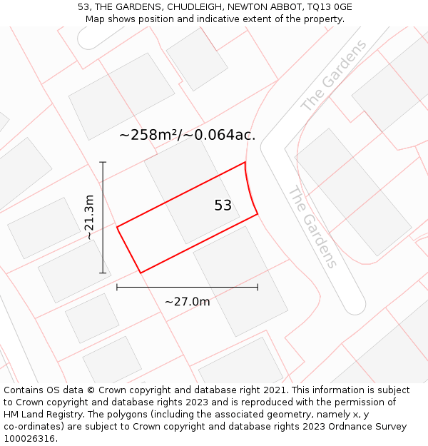 53, THE GARDENS, CHUDLEIGH, NEWTON ABBOT, TQ13 0GE: Plot and title map