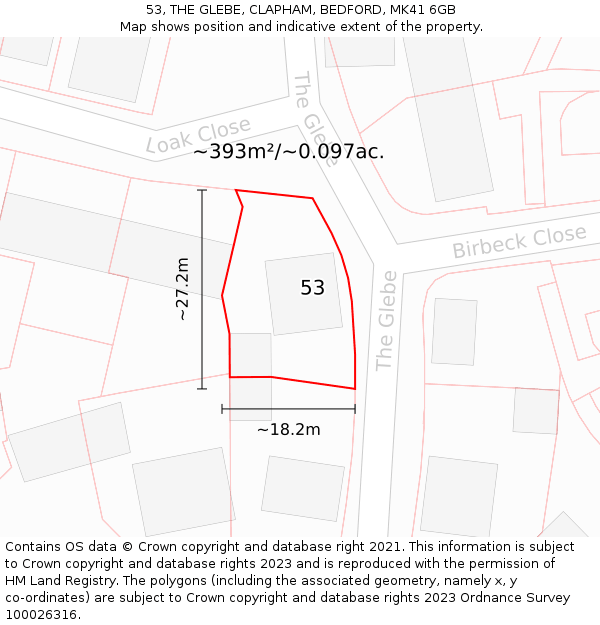 53, THE GLEBE, CLAPHAM, BEDFORD, MK41 6GB: Plot and title map