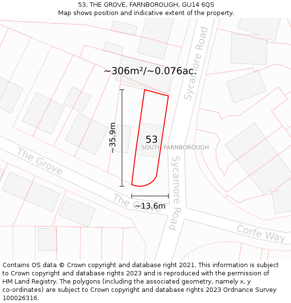 53, THE GROVE, FARNBOROUGH, GU14 6QS: Plot and title map
